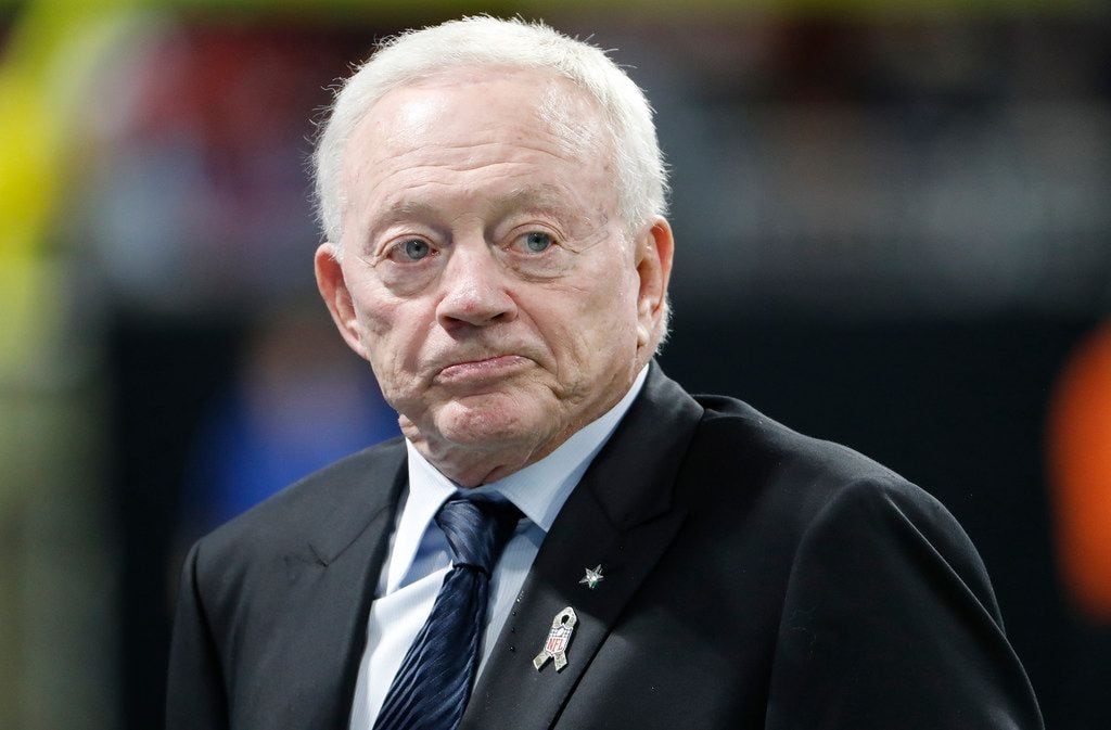 FILE - In this Nov. 12, 2017, file photo, Dallas Cowboys owner Jerry Jones walks the turf inside Mercedes-Benz stadium before the first half of an NFL football game in Atlanta. Contract talks for Roger Goodell, And Jerry Jones is mad as hell, Seething, threatening, on attack Over ban of his running back. (AP Photo/David Goldman. File)