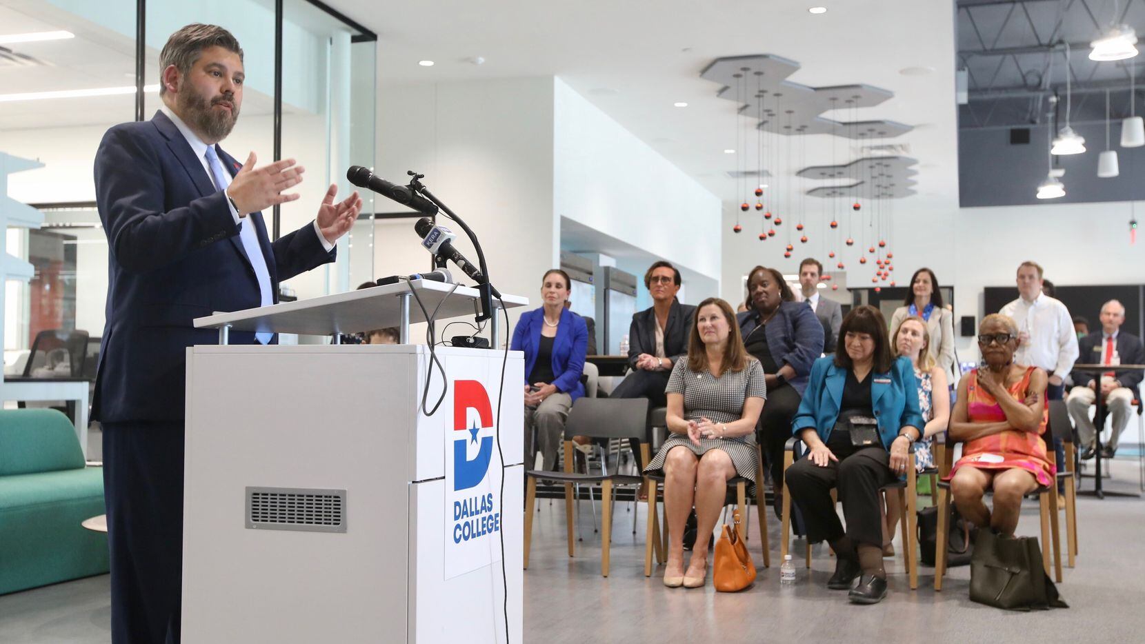 Dallas College Chancellor Justin Lonon speaks at a press conference on Thursday at BioLabs,...