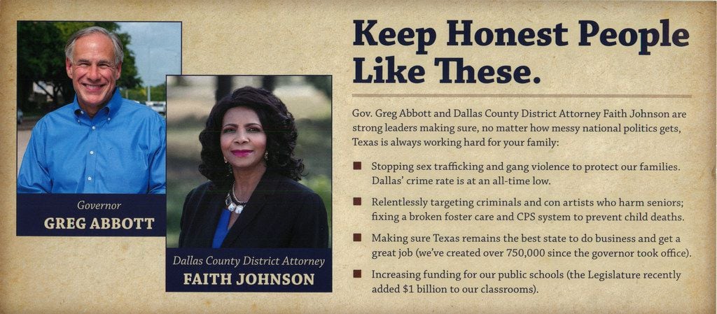 Dallas DA Faith Johnson and Texas Governor Greg Abbott are on a political  mailer together.