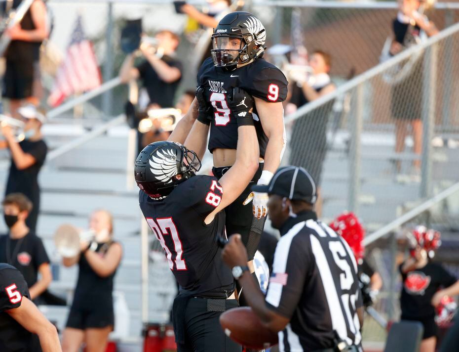 Tight end Jasper Lott (87) celebrates a touchdown by Tito Bryce (9) on the first play of the game against Decatur, during a high school football game in Argyle, Tx, on August 28, 2020. (Michael Ainsworth/Special Contributor)