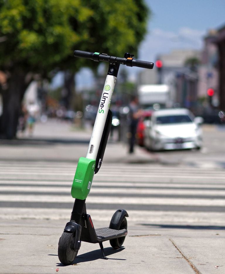 A shared electric scooter is seen in Santa Monica, Calif., on July 13, 2018. 