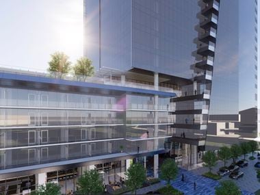 The Hall Park project will include a 16-story office tower with balconies.