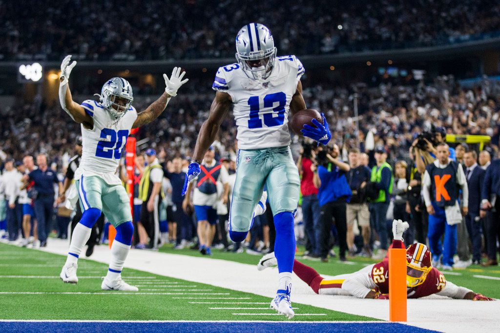 Dallas Cowboys wide receiver Michael Gallup (13) runs to the end zone for a touchdown during...