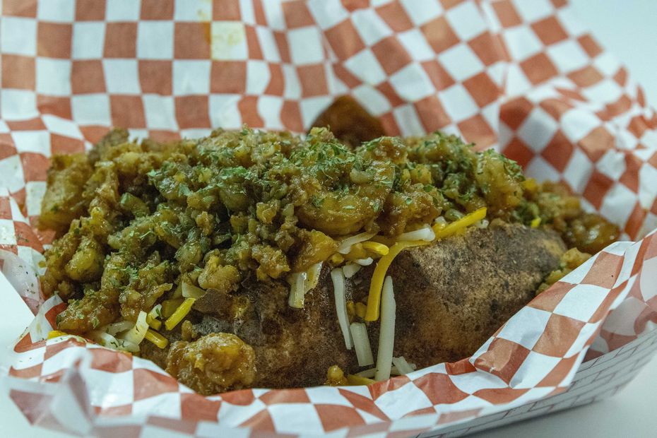 The blackened shrimp baked potato is a healthful option at the State Fair of Texas in 2021. Vegans should specify no cheese, butter or sour cream.