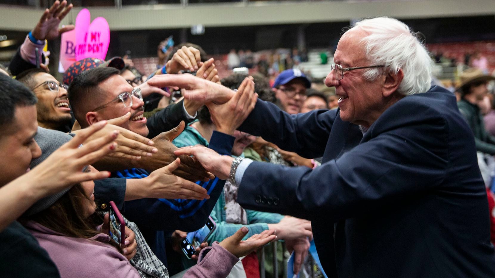 Democratic presidential candidate Bernie Sanders, I-Vt., greets supporters during a...