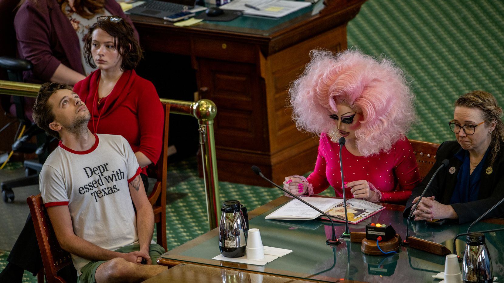 Austin drag queen Brigitte Bandit gives testimony in the Senate Chamber at the Texas State...