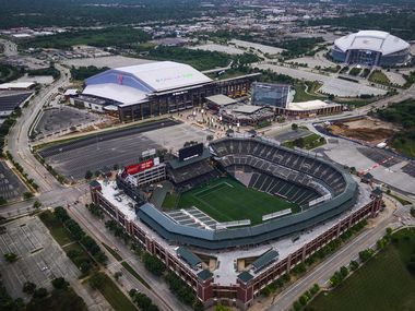 Aerial view of Globe Life Field (top left), AT&T Stadium (top right) and Globe Life Park (bottom) on Thursday, April 9, 2020, in Arlington.