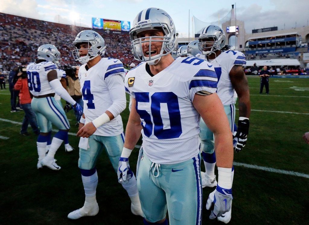 Dallas Cowboys outside linebacker Sean Lee (50) gets fired up before their NFC Divisional...