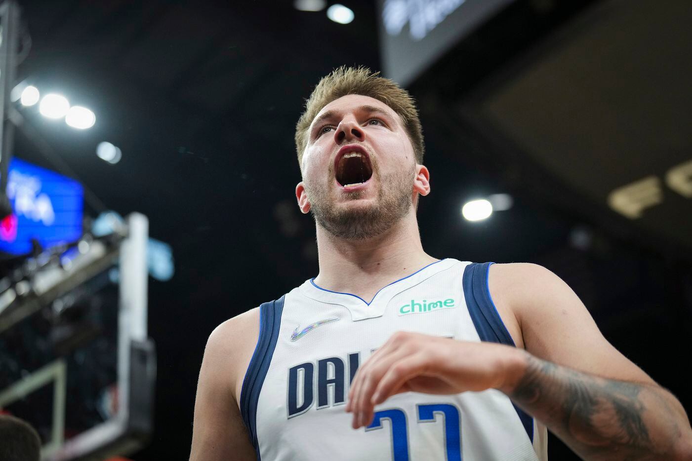 Dallas Mavericks guard Luka Doncic (77) celebrates after drawing a foul during the second...