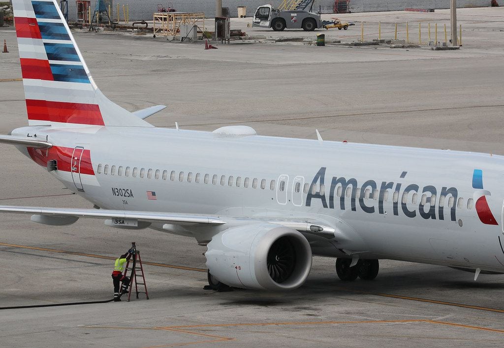 MIAMI, FL - MARCH 14:  A grounded American Airlines Boeing 737 Max 8 is seen parked at Miami...