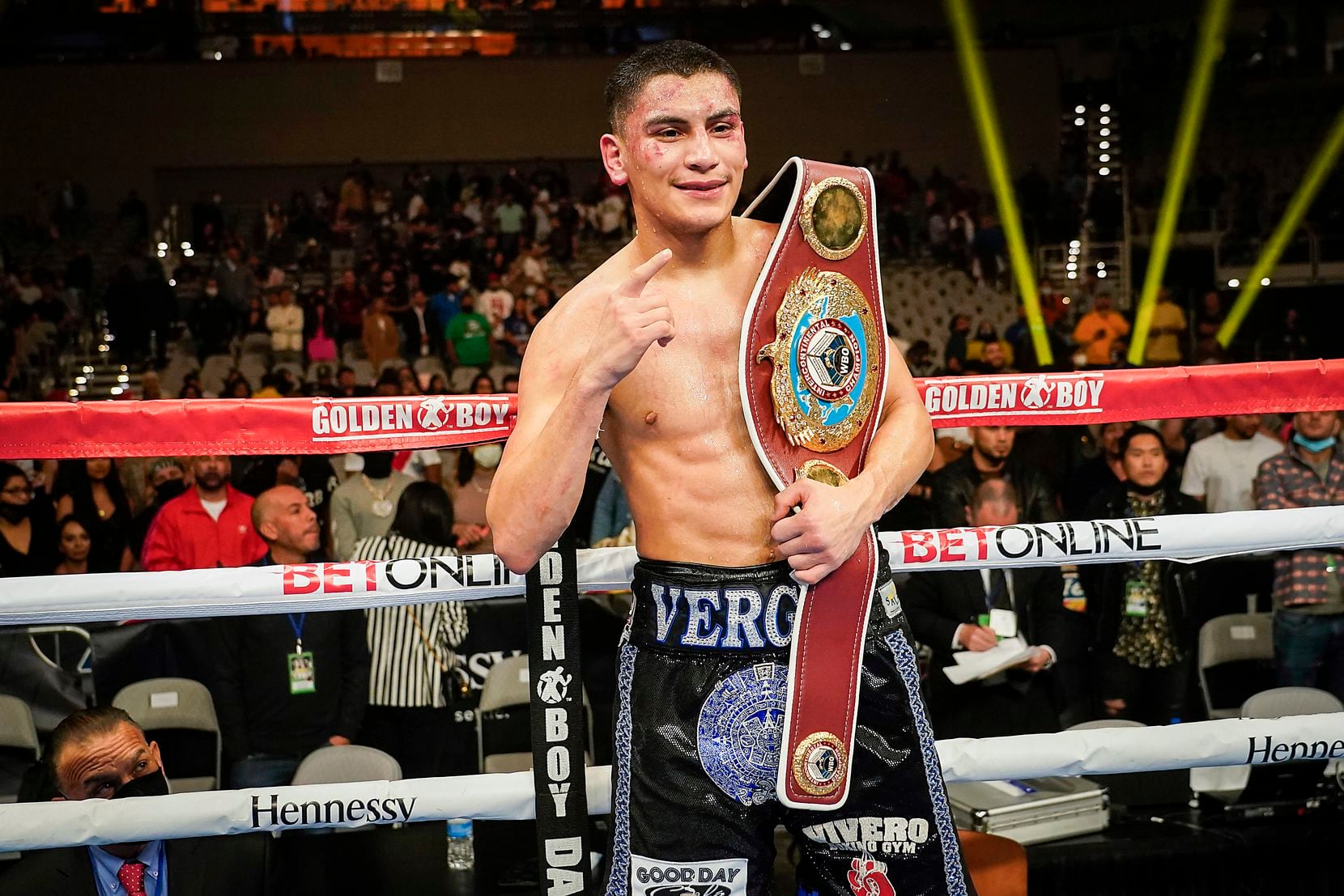 Vergil Ortiz Jr. celebrates with the title belt after knocking out Maurice Hooker in the seventh round for the vacant WBO international welterweight title at Dickies Arena on Saturday, March 20, 2021, in Fort Worth.