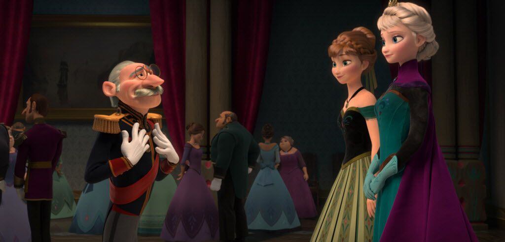 The Duke of Weselton, voiced by Alan Tudyk, Anna, voiced by Kristen Bell, and Elsa the Snow...