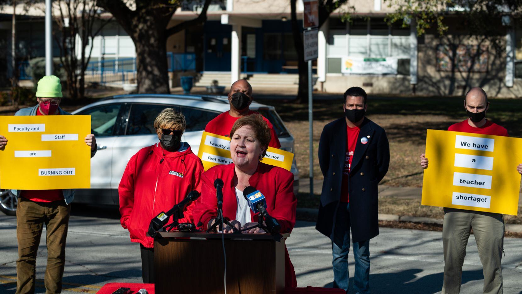 Rena Honea, president of Alliance/AFT, spoke during a news conference outside Hotchkiss...