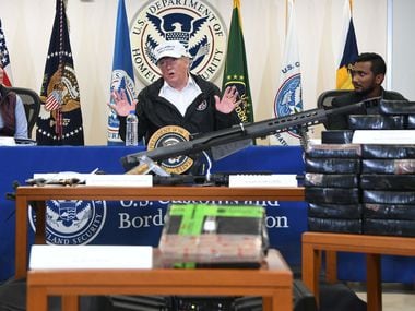 President Donald Trump visited a U.S. Border Patrol station, where agents showed him examples of contraband seized at official ports of entry. Also pictured are Homeland Security Secretary Kirstjen Nielsen (left) and Ronil Singh, whose brother, a California police officer, was killed by an illegal immigrant.