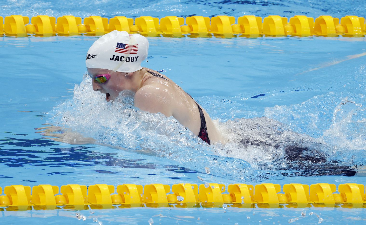 USA’s Lydia Jacoby competes in the women’s 50 meter breaststroke at a swim qualifying event...