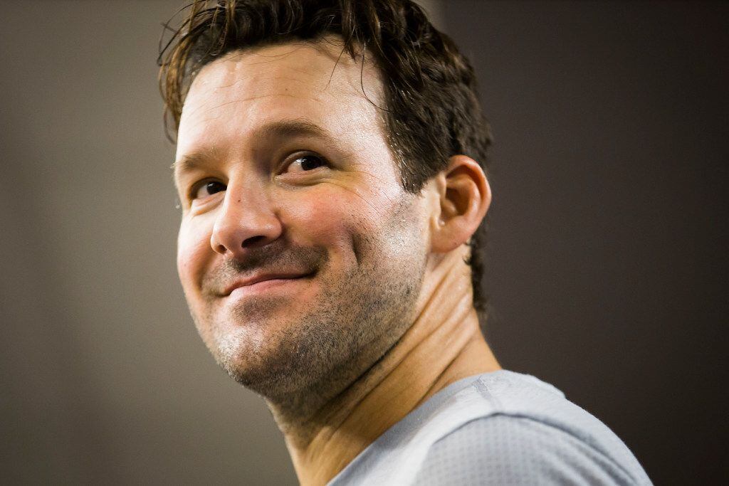 Tony Romo addresses the media following the Dallas Mavericks morning shootaround before a...