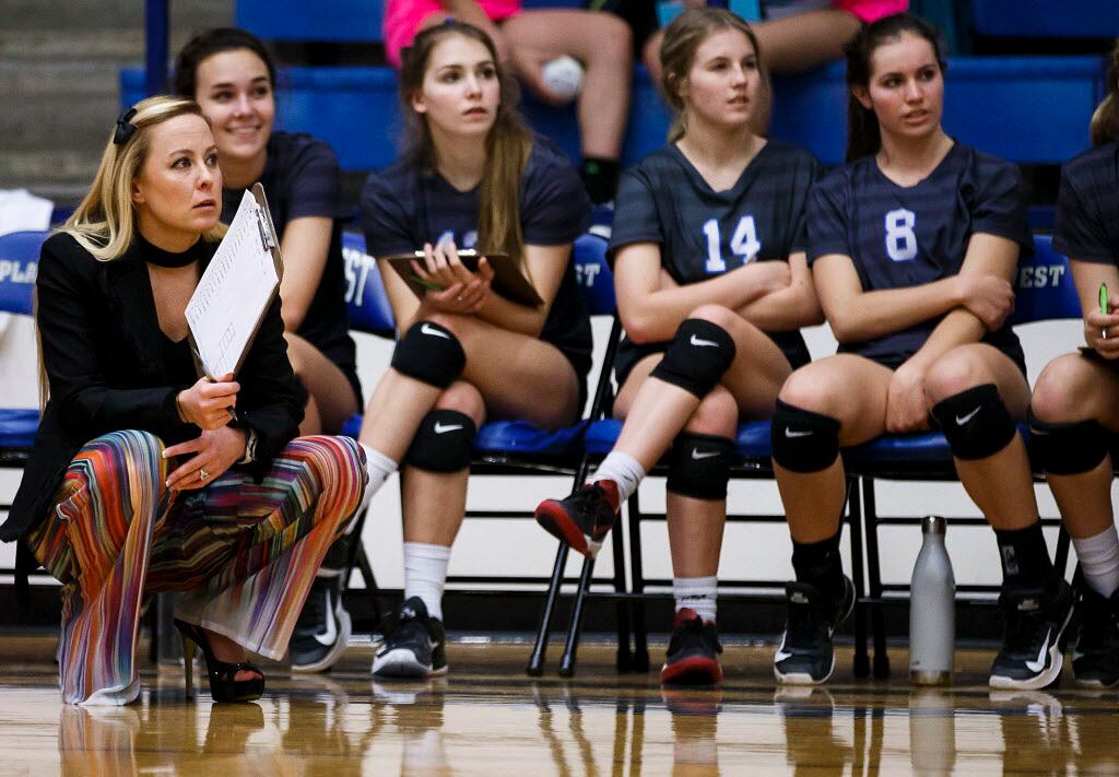Plano West head coach Brittany Bridge watches from the sideline during a District 6-6A...