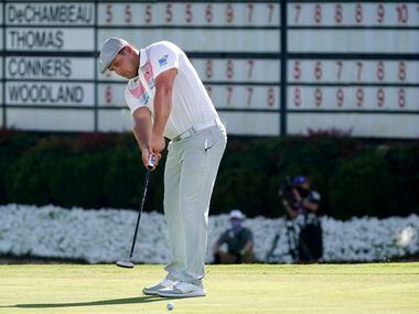 PGA Tour golfer Bryson DeChambeau attempts a birdie putt on No. 18 during the second round...