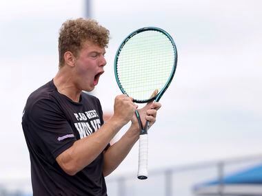 Plano West’s Dmitri Goubin celebrates a point during the 6A mixed doubles championship match...