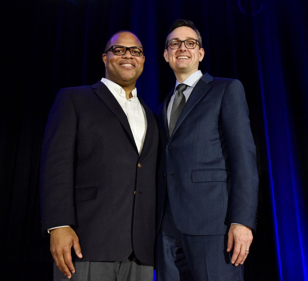 Dallas Mayoral candidates Eric Johnson, left, and Scott Griggs, pose for a photo after...