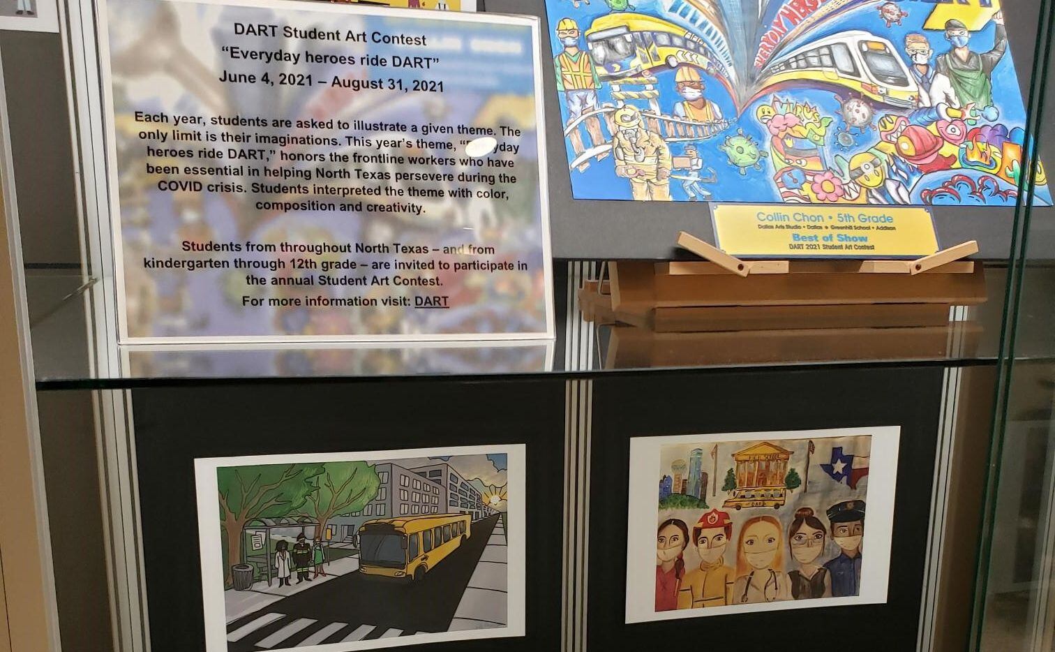 Student paintings, drawings and other designs show a variety of hometown heroes, from doctors and nurses to police and firefighters. The work is on display at Dallas Love Field Airport until Aug. 31.