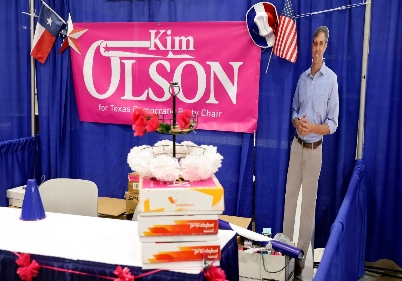 As a small crew of people set up booths ahead of the 2022 Texas Democratic Convention at the...