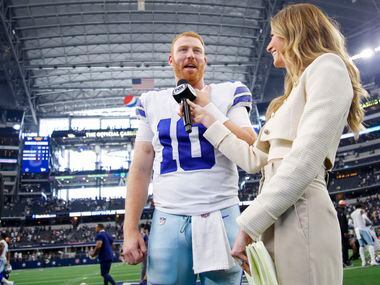 Dallas Cowboys quarterback Cooper Rush (10) talks to Fox Sports following the Washington...