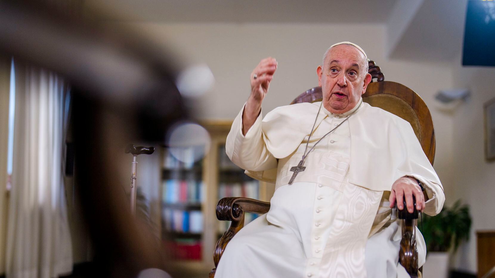 Pope Francis speaks during an interview with The Associated Press at The Vatican, Tuesday,...