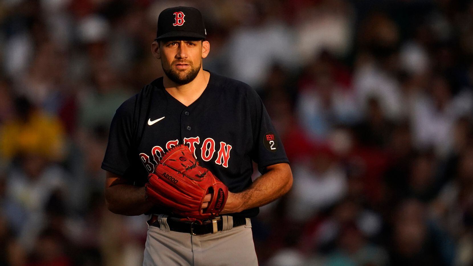 Boston Red Sox starting pitcher Nathan Eovaldi (17) stands on the mound during the second...