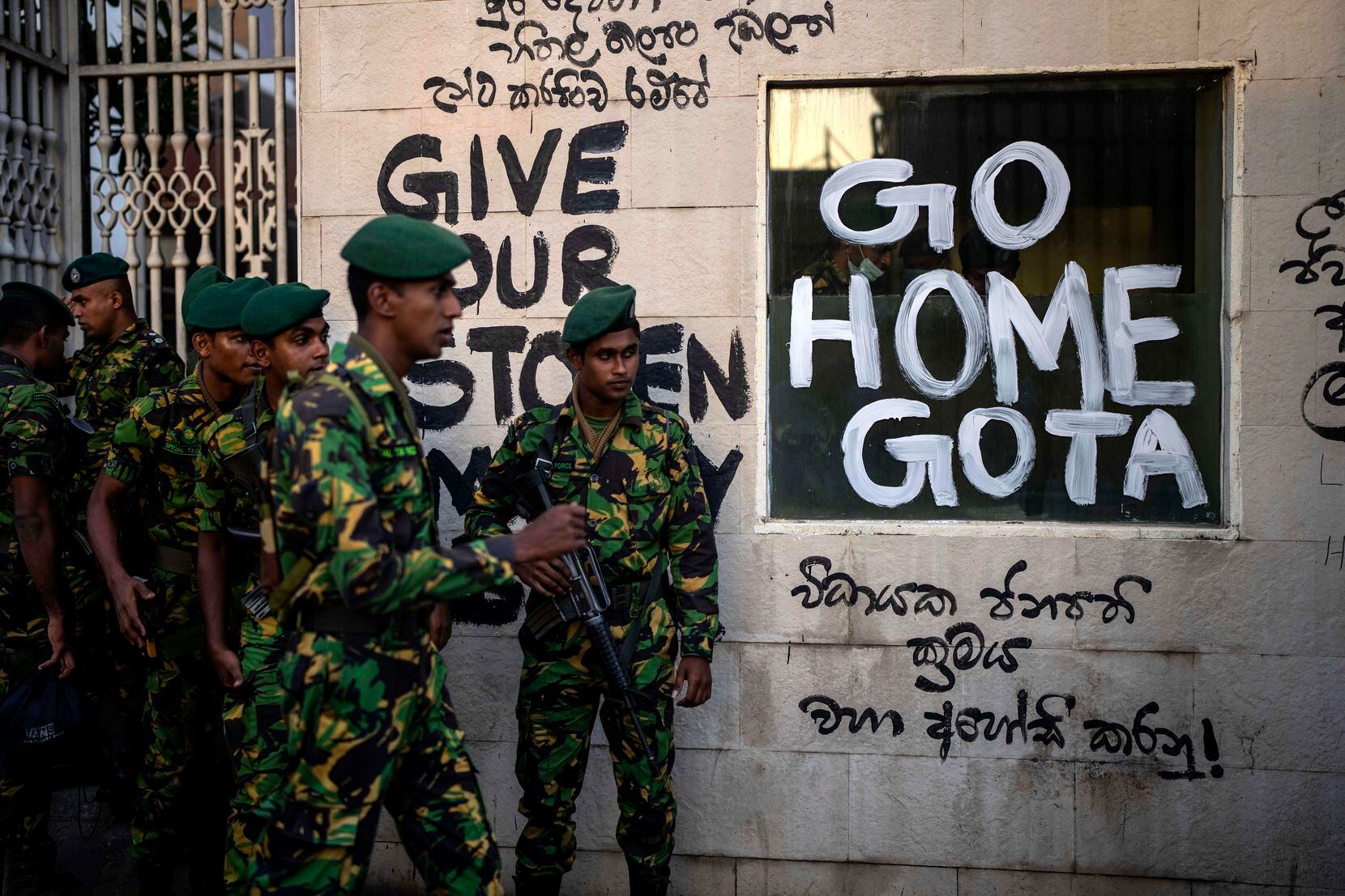Sri Lanka army soldiers patrol near the official residence of president Gotabaya Rajapaksa...