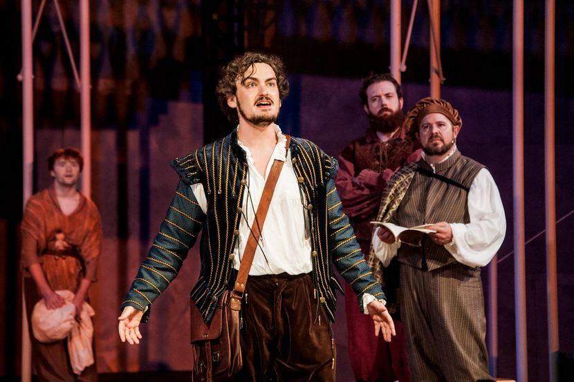Montgomery Sutton (center) as William Shakespeare in Shakespeare Dallas' 2019 summer...