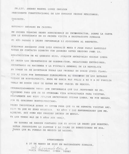 Esta es la carta que María Consuelo Loera Pérez, madre de Joaquín "El Chapo" Guzmán, envió...