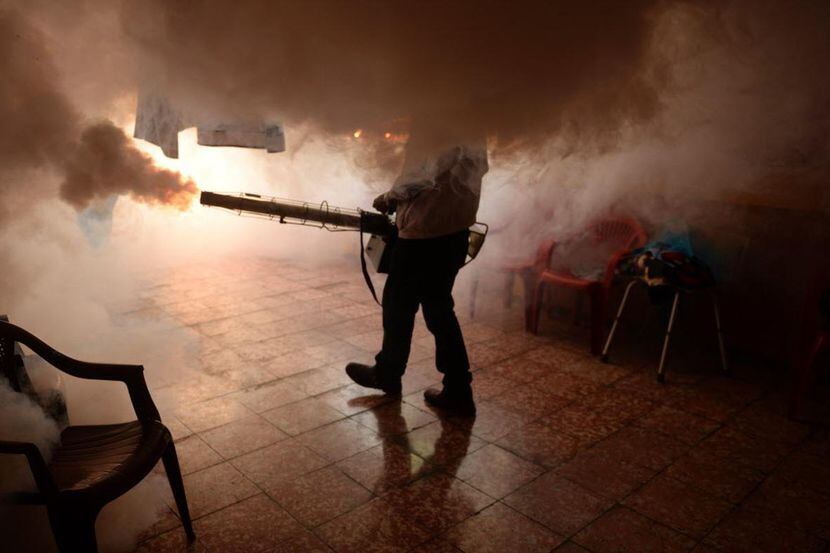 Un funcionario del Ministerio de Salud salvadoreño realiza una fumigación cerca de San...