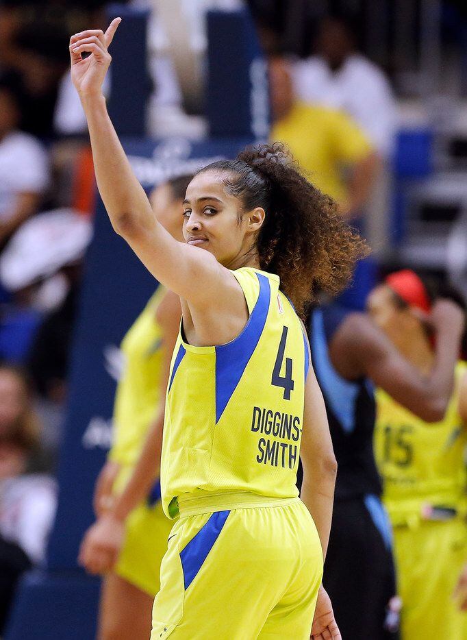 Dallas Wings guard Skylar Diggins-Smith (4) signals to her bench during the second half of...