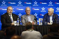 From left, Dallas Cowboys head coach Mike McCarthy, executive vice president Stephen Jones,...
