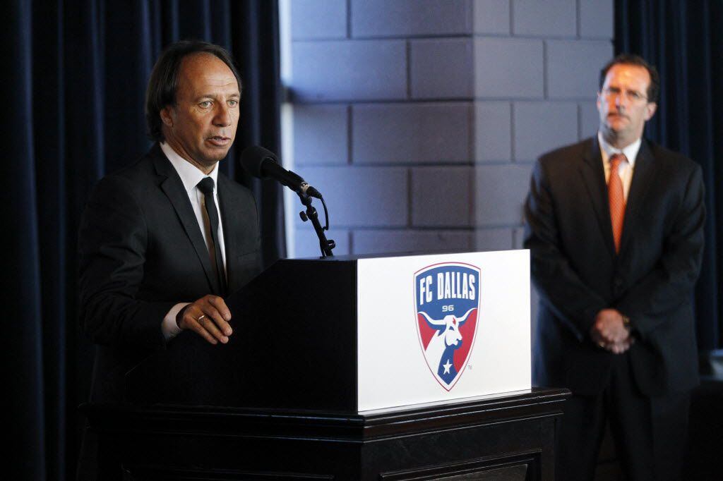 Fernando Clavijo, left, the technical director of FC Dallas, speaks during press conference...