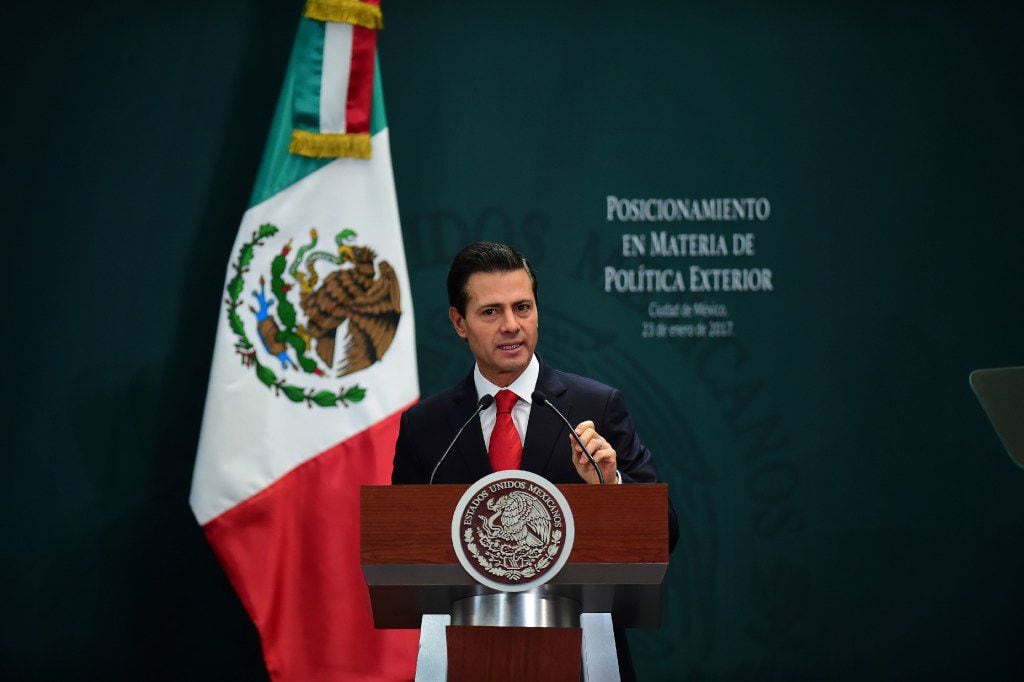 Mexican President Enrique Pena Nieto gives a foreign policy speech after US President Donald...