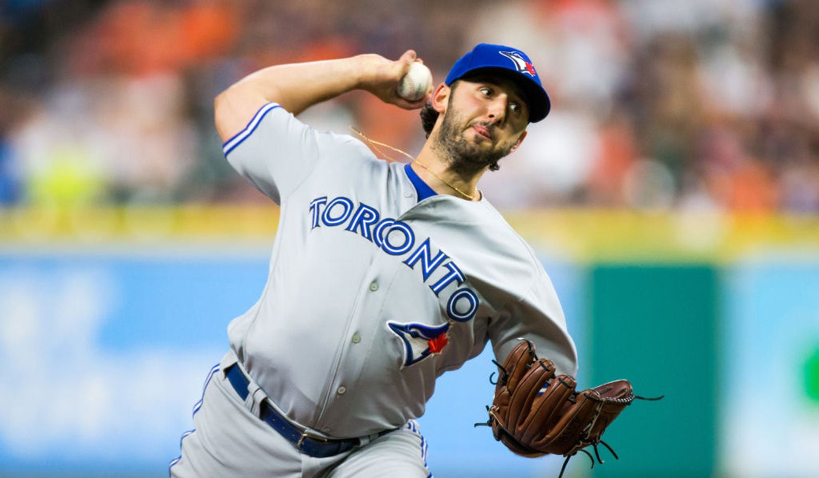 Toronto Blue Jays starting pitcher Mike Bolsinger (49) delivers the pitch in the fourth inning of a MLB game between the Houston Astros and the Toronto Blue Jays at Minute Maid Park, Friday, August 4, 2017. Houston Astros  defeated Toronto Blue Jays 16-7.