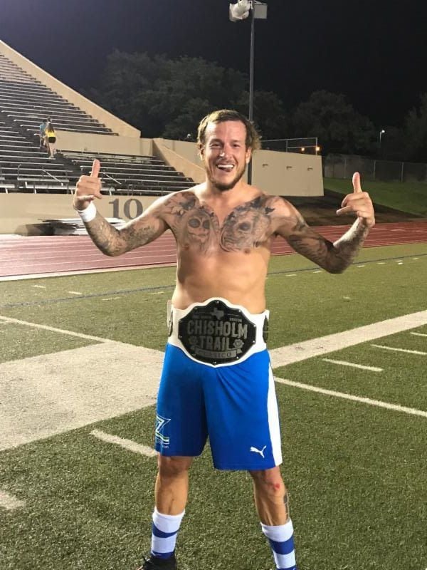 Jamie Lovegrove of the Fort Worth Vaqueros shows off the Chisholm Trail Clásico Belt after the club's 3-1 win. (6-1-19)