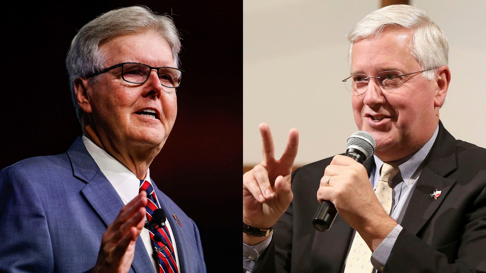 Left: Texas Lieutenant Governor Dan Patrick at the 2022 Republican State Convention on...