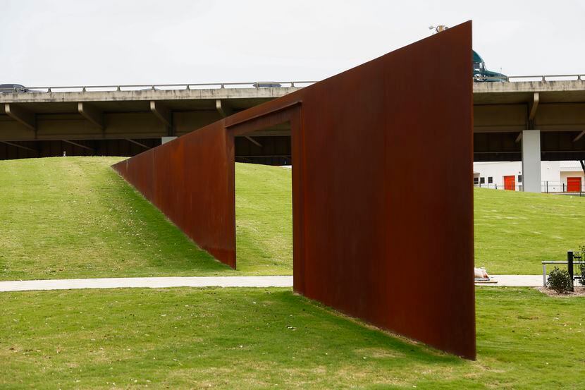 Portal slice sculpture on the North end of Carpenter Park in Dallas, Friday, April 15, 2022. 