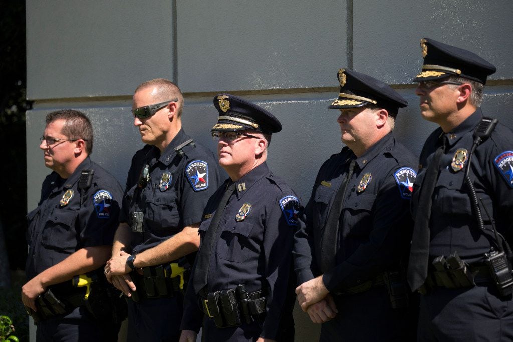 A file photo shows Mesquite Police Department officers attending the public dedication of Freedom Park at Mesquite Arts Center. Rather than a public gathering at the park to remember the events of Sept. 11, 2001, the city will host a virtual event this year.