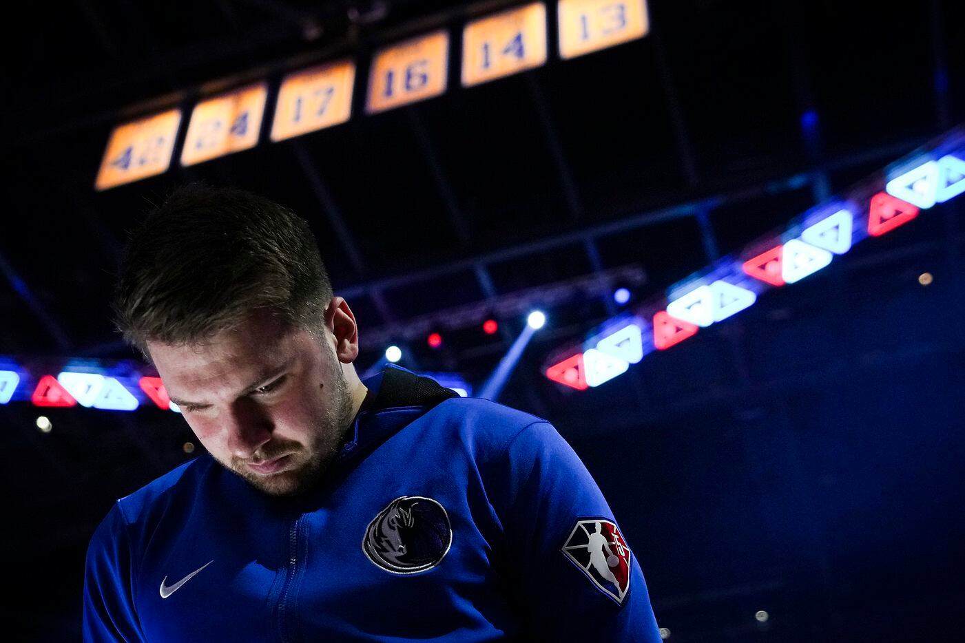 Dallas Mavericks guard Luka Doncic stands for the national anthem before Game 2 of the NBA...