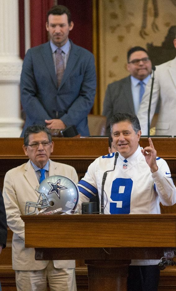 Rep. Richard Pena Raymond, D-Laredo, recognizes former Dallas Cowboys quarterback Tony Romo, above, at the Texas Capitol in Austin, Wednesday, May 3, 2017. 