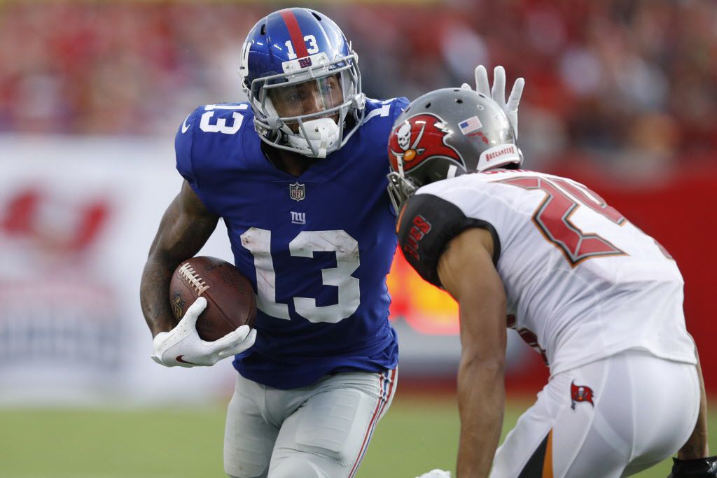 TAMPA, FL - OCTOBER 01: Odell Beckham Jr. #13 of the New York Giants runs after a catch in the third quarter of a game against the Tampa Bay Buccaneers at Raymond James Stadium on October 1, 2017 in Tampa, Florida. The Bucs defeated the Giants 25-23. (Photo by Joe Robbins/Getty Images)