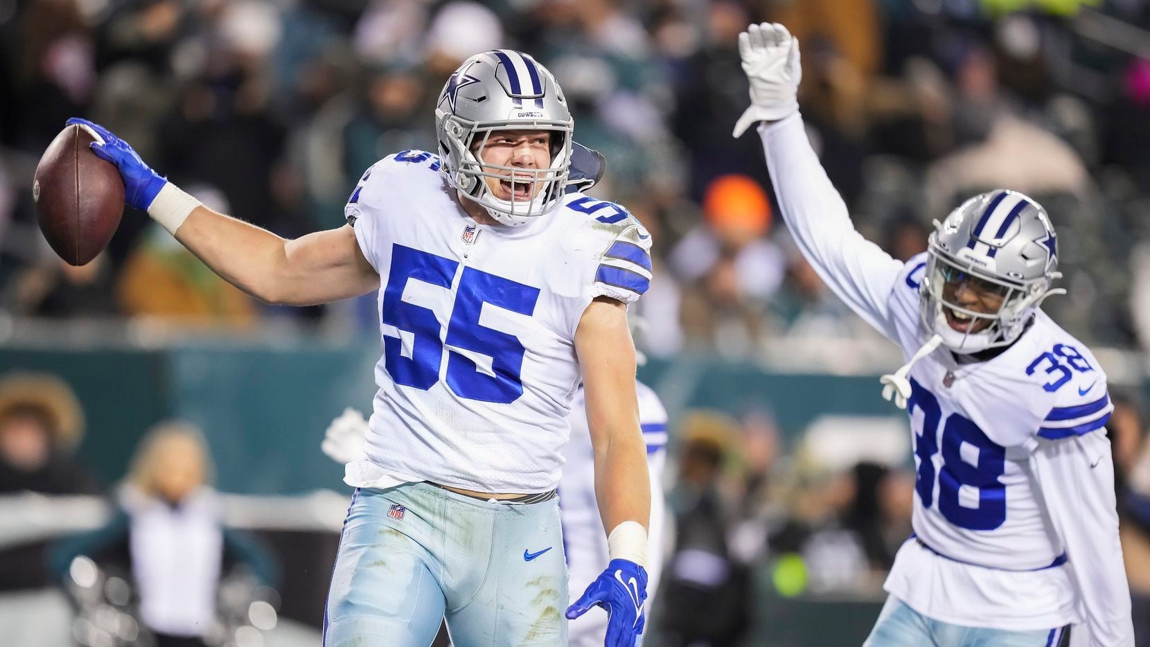 Dallas Cowboys outside linebacker Leighton Vander Esch (55) celebrates after intercepting a pass during the second half of an NFL football game against the Philadelphia Eagles at Lincoln Financial Field on Saturday, Jan. 8, 2022.