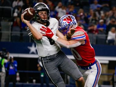 Denton Guyer's QB Jackson Arnold (6) is sacked in the fourth quarter of a Class 6A Division II state championship game between Denton Guyer and Austin Westlake at the AT&T Stadium in Arlington, on Saturday, December 21, 2019. Westlake won the game 24-0.