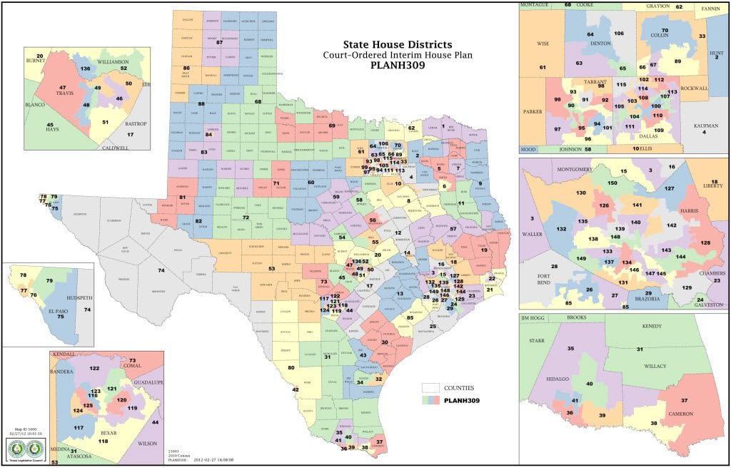 This undated illustration provided by the Texas Legislative Council shows PLANH309, the court-ordered interim House redistricting plan for Texas. A federal court in San Antonio issued new Texas congressional and state House maps on Tuesday, Feb. 28, 2012, just in time for the state to finally hold its twice-delayed primary on May 29. The ruling by a three-judge panel could clear the way for elections, if none of the nine groups contesting the state's political districts files an appeal. All sides were studying the complex maps to determine their next move.  (AP Photo/Texas Legislative Council) 03072012xNEWS