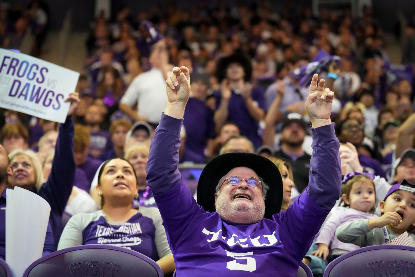 TCU fan Bruce Payne cheers his team during a College Football Playoff National Championship...