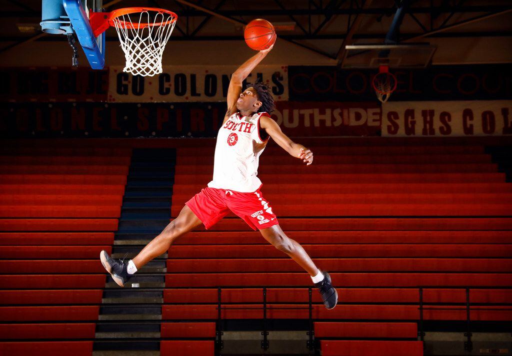 South Garland junior basketball standout Tyrese Maxey and his teammates are headed to the state tournament. Here he shows off his dunking moves, Wednesday, March 7, 2018.